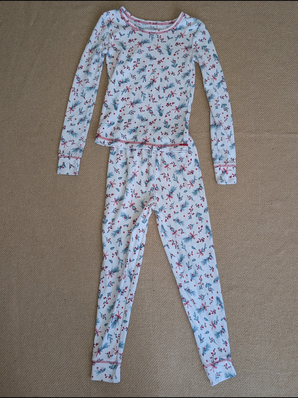 Laura Ashley White Pajama Set with Red and Green Holiday Print